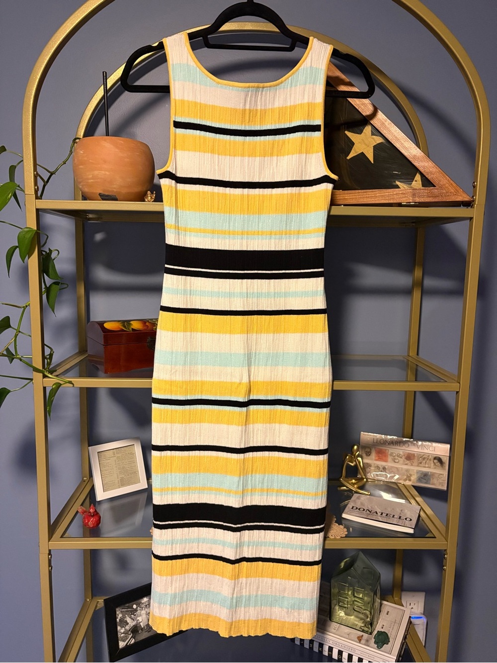 Sleeveless Striped Knit Midi Dress in Yellow, Blue, Black & Cream